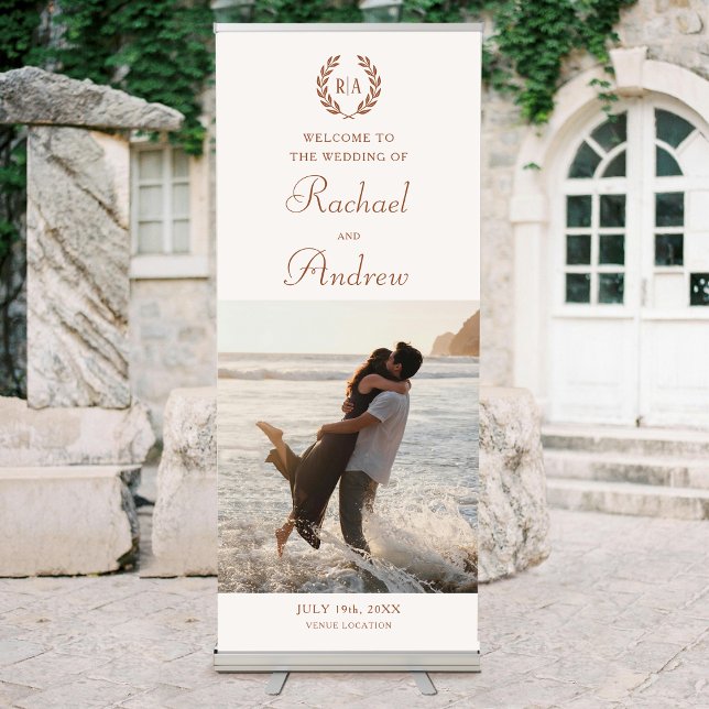 Elegant Photo Monogram Wedding Terracotta Cream Retractable Banner (Creator Uploaded)