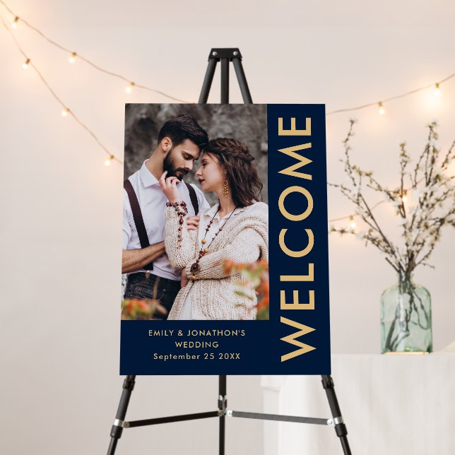 Elegant Photo Names Navy Gold Welcome Wedding Foam Board (In Situ (Stand))