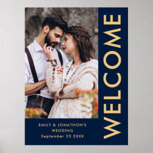 Elegant Photo Names Navy Gold Welcome Wedding Poster