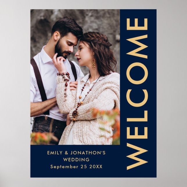 Elegant Photo Names Navy Gold Welcome Wedding Poster (Front)