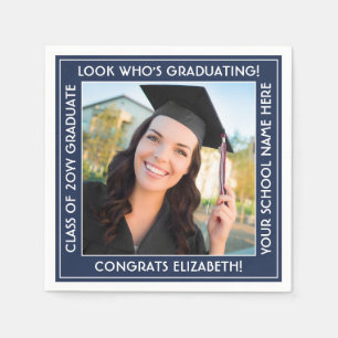 Elegant Photo Navy Blue and White Graduation Party Napkins