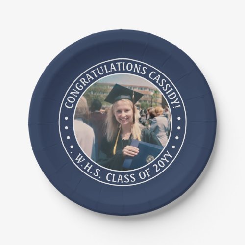 Elegant Photo Navy Blue and White Graduation Party Paper Plates