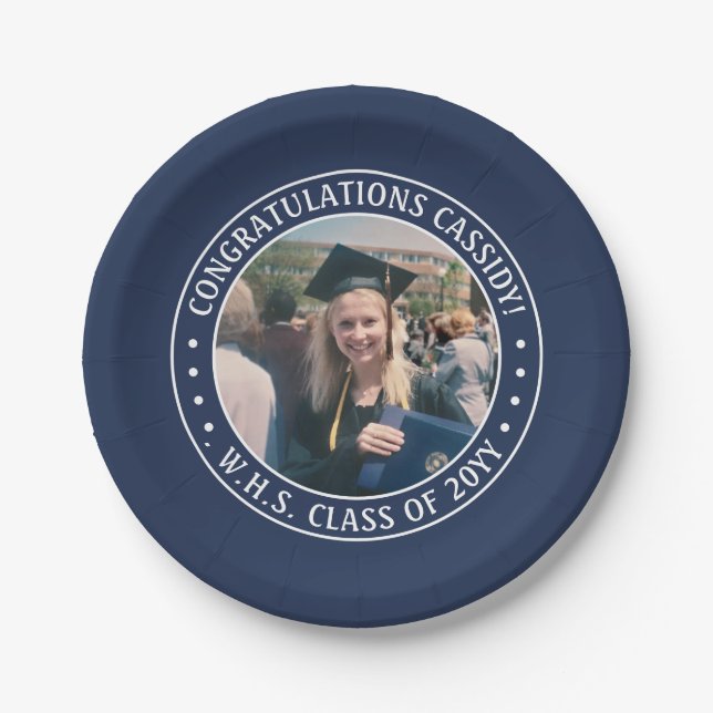 Elegant Photo Navy Blue and White Graduation Party Paper Plates (Front)