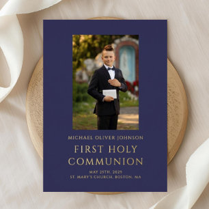 Elegant Photo Navy Blue Boy First Communion Gold Foil Invitation