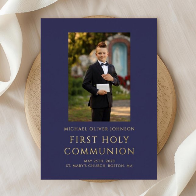 Elegant Photo Navy Blue Boy First Communion Gold  Foil Invitation (Navy Blue Boy Photo First Holy Communion Gold Foil Invitation)