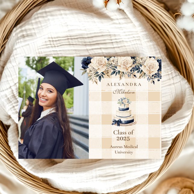 Elegant Photo Navy Blue Floral Graduation  Announcement (Creator Uploaded)