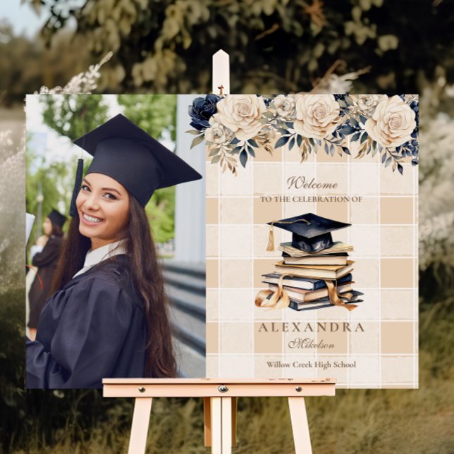 Elegant Photo Navy Blue Floral Graduation  Foam Board (Creator Uploaded)