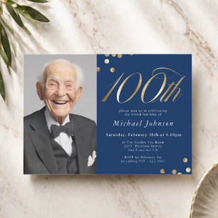 Elegant Photo Navy Blue Gold 100th Birthday Invitation