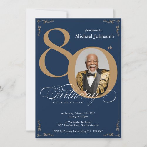 Elegant Photo Navy Blue Gold 80th Birthday Party Invitation