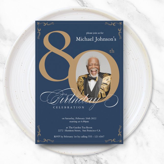 Elegant Photo Navy Blue Gold 80th Birthday Party Invitation (Elegant Photo Navy Blue Gold 80th Birthday Party Invitation)
