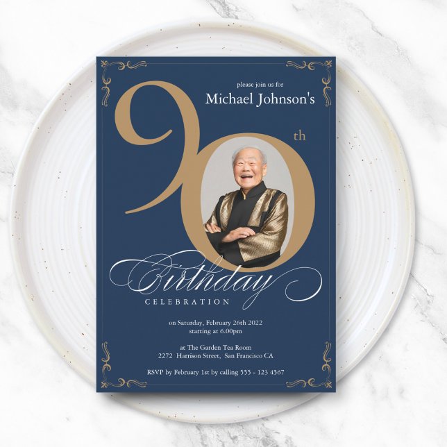 Elegant Photo Navy Blue Gold 90th Birthday  Invitation (Elegant Photo Navy Blue Gold 90th Birthday Invitation)