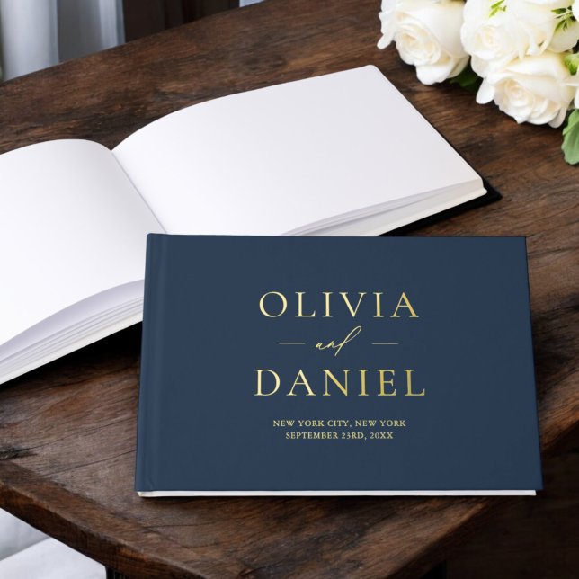 Elegant Photo Navy Blue Gold Modern Minimalist Foil Guest Book (Creator Uploaded)