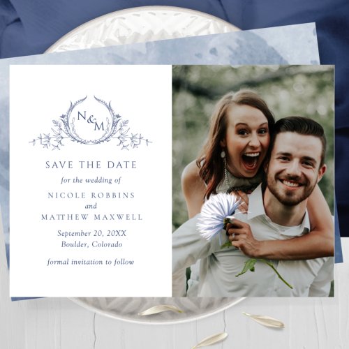 Elegant Photo Navy Blue Monogram Wedding  Save The Date