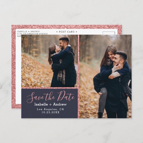 Elegant Photo Navy Blue Rose Glitter Save the Date Announcement Postcard