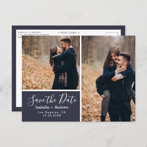 Elegant Photo Navy Blue Save the Date Announcement Postcard