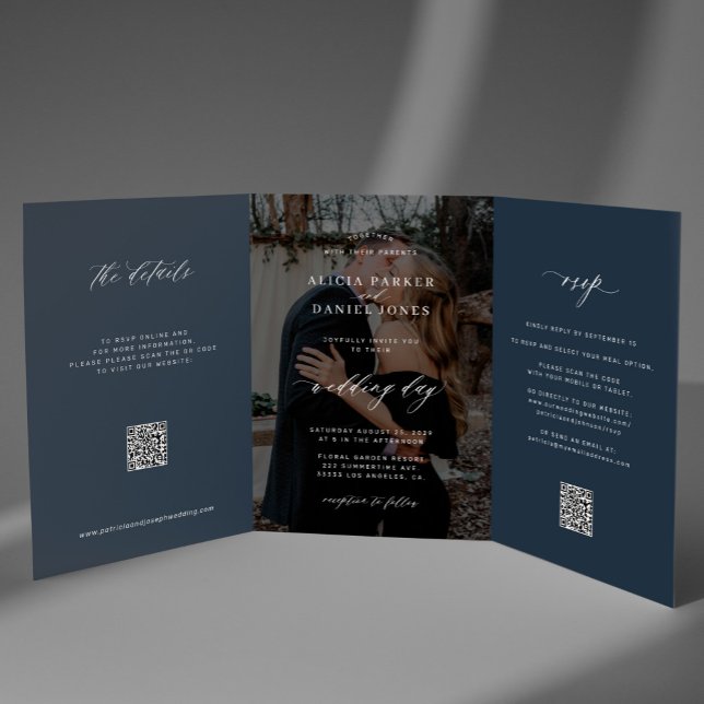 Elegant photo navy blue wedding RSVP details QR Tri-Fold Invitation (Creator Uploaded)