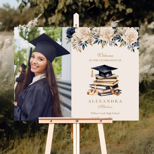 Elegant Photo Navy Gold Floral Graduation  Foam Board (Creator Uploaded)