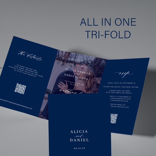Elegant photo navy wedding RSVP details QR code  Tri-Fold Invitation (Creator Uploaded)