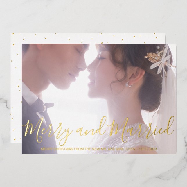 Elegant Photo Newlywed Christmas Foil Holiday Card (Front/Back)