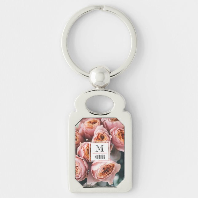 Elegant photo of pink roses Monogram initial cute Keychain (Front)