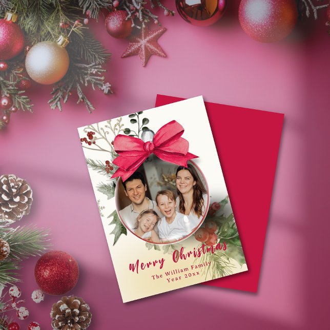 Elegant Photo Ornament Family Name Christmas Holiday Card (Elegant Photo Ornament Family Name Christmas Holiday Card)