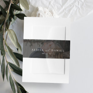 Elegant photo overlay black wedding invitation belly band