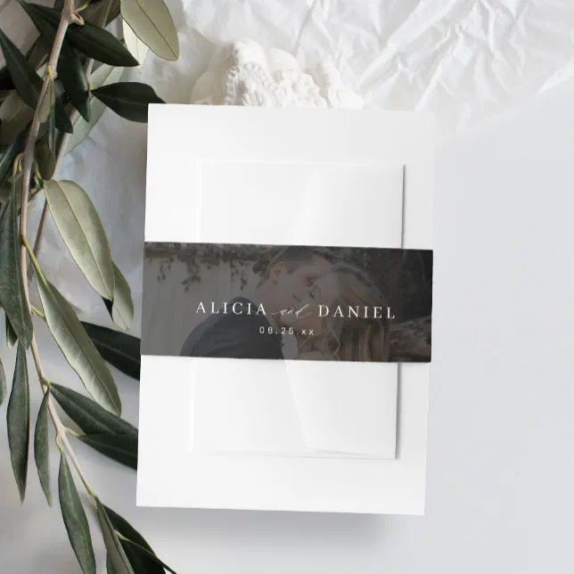 Elegant photo overlay black wedding invitation belly band | Zazzle