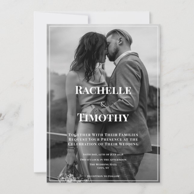 Elegant Photo Overlay Black White Modern Wedding Invitation (Front)