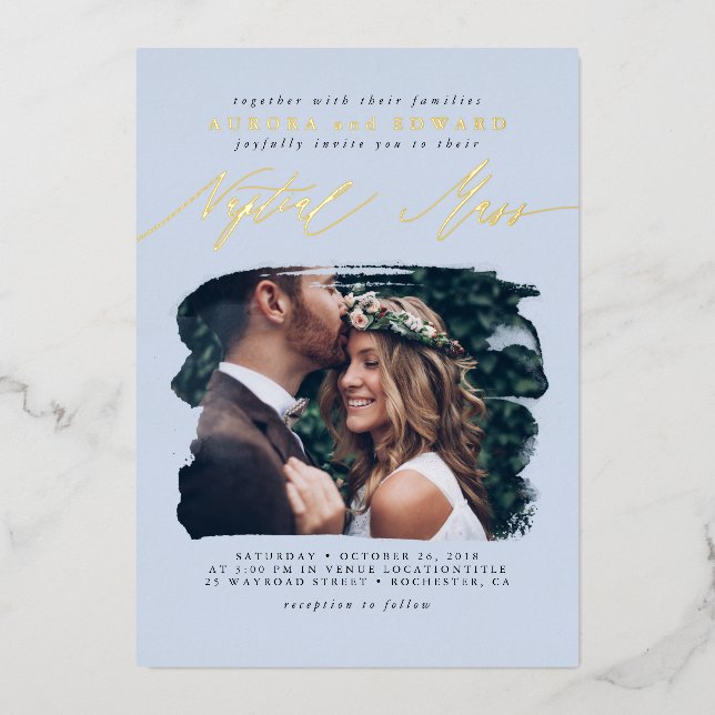 Elegant Photo Overlay Dusty Blue Boho Nuptial Mass Foil Invitation (Front)