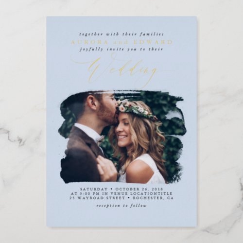 Elegant Photo Overlay Dusty Blue Boho Wedding Foil Invitation