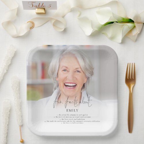 Elegant Photo Overlay Fun Facts Retirement Party Paper Plates