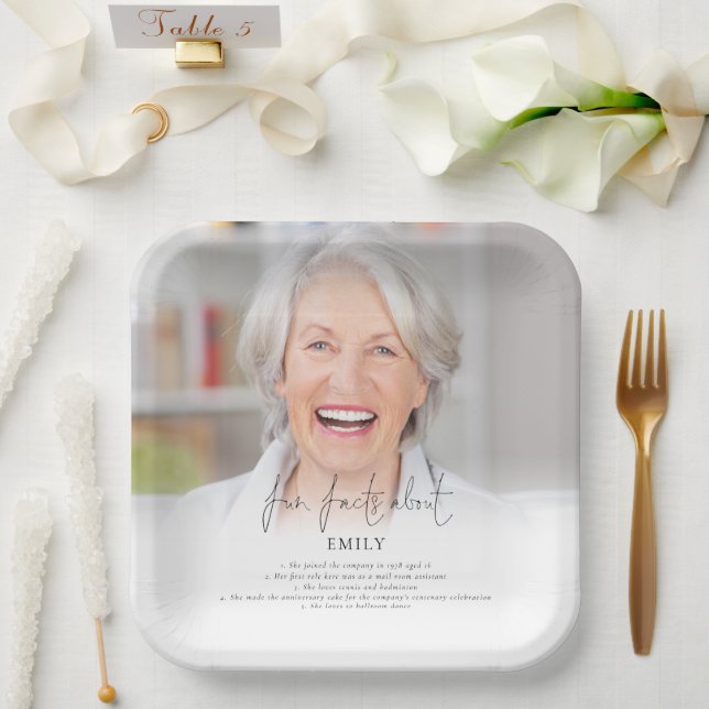 Elegant Photo Overlay Fun Facts Retirement Party Paper Plates (Wedding)