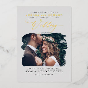 Elegant Photo Overlay Grey Boho Wedding Real Foil Invitation