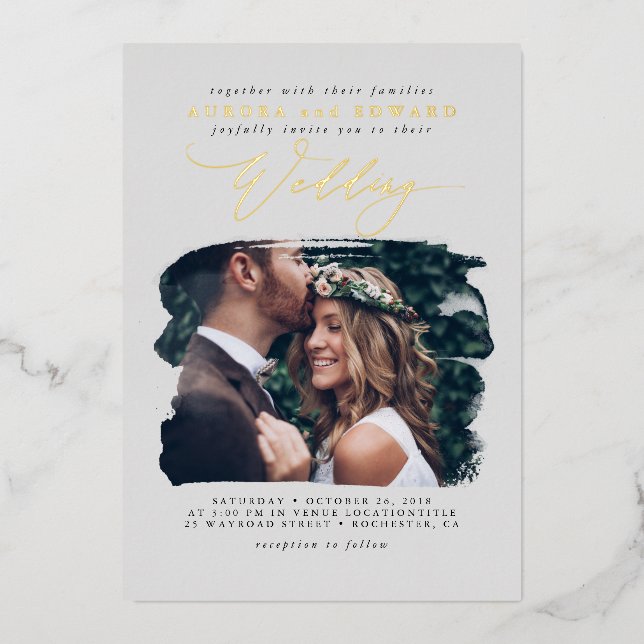 Elegant Photo Overlay Grey Boho Wedding Real Foil Invitation (Front)
