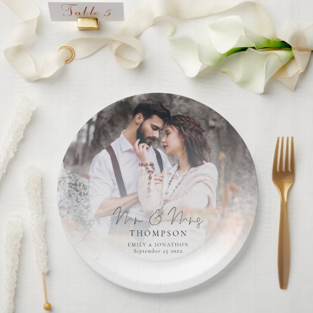 Elegant Photo Overlay Mr Mrs Names Date Wedding  Paper Plates (Wedding)