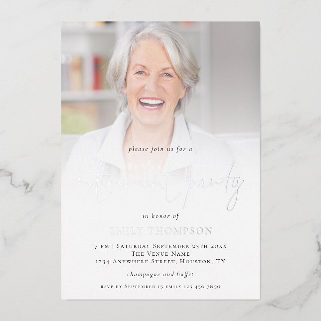 Elegant Photo Overlay Retirement Party Luxury Real Foil Invitation (Front)