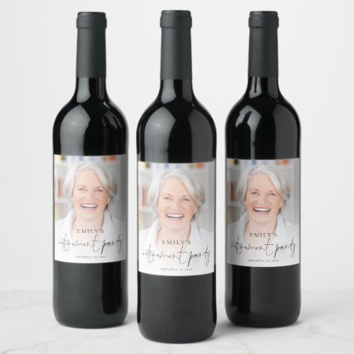 Elegant Photo Overlay Retirement Party Wine Label