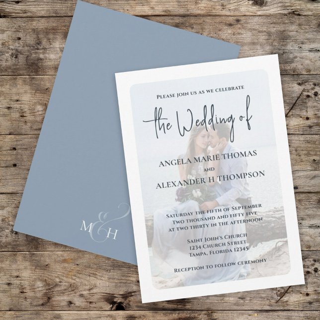 Elegant Photo Overlay Simple Dusty Blue Classic Invitation (Creator Uploaded)