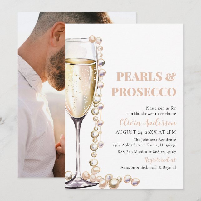 Elegant Photo Pearls and Prosecco Bridal Shower Invitation (Front/Back)