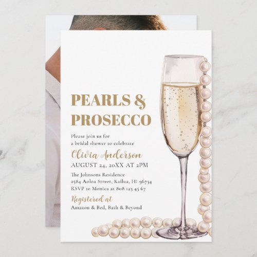 Elegant Photo Pearls and Prosecco Bridal Shower Invitation