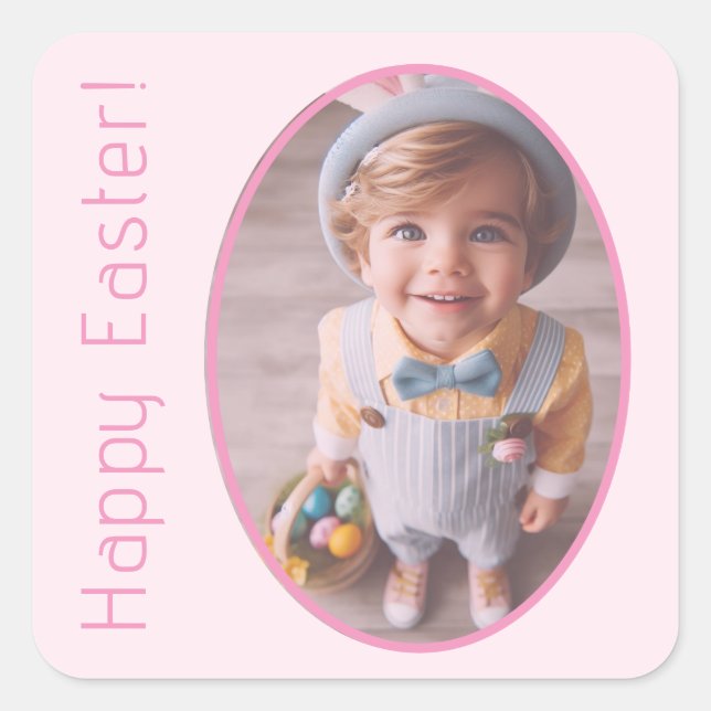 Elegant Photo Personalized Light Pink Happy Easter Square Sticker (Front)