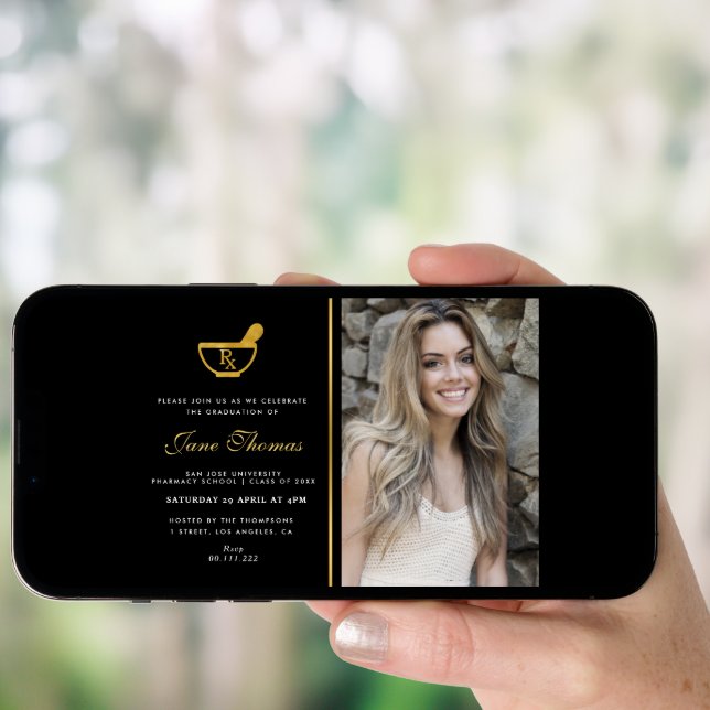 Elegant photo pharmacy graduation party invitation (Front Digital)