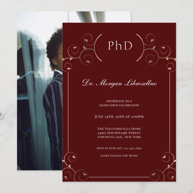 Elegant Photo PhD Gold Burgundy Graduation Invitation (Front/Back)