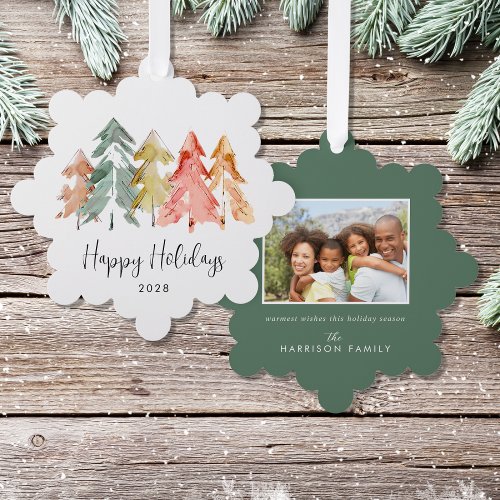 Elegant Photo Pine Trees Watercolor Christmas Ornament Card