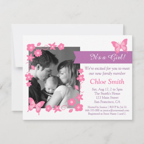 Elegant Photo Pink butterfly baby shower party 4.25x5.5 Paper Invitation Card