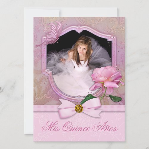 Elegant Photo Pink Butterfly Rose Quinceanera Personalized Invitation