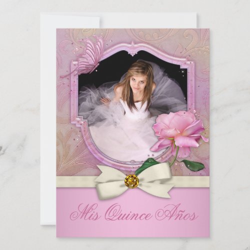 Elegant Photo Pink Butterfly Rose Quinceanera Announcements