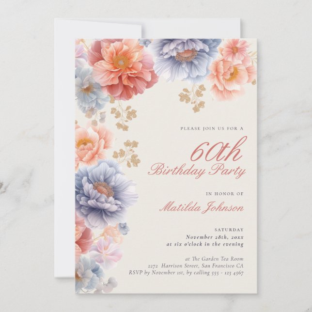 Elegant Photo Pink Floral 60th Birthday Invitation (Front)
