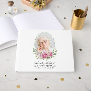 Elegant Photo Pink Floral Funeral Memorial Guest Book