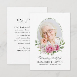 Elegant Photo Pink Floral Funeral Memorial  Thank You Card
